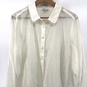 Bailey/44 XL Pearl Trim White Sheer Button Down Blouse | Old Money Coquette